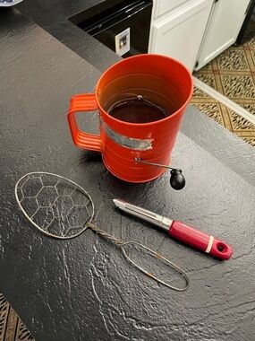 Vintage Orange Hand Sifter Flour Sieve, Vintage Whisker & Wood Handle Peeler